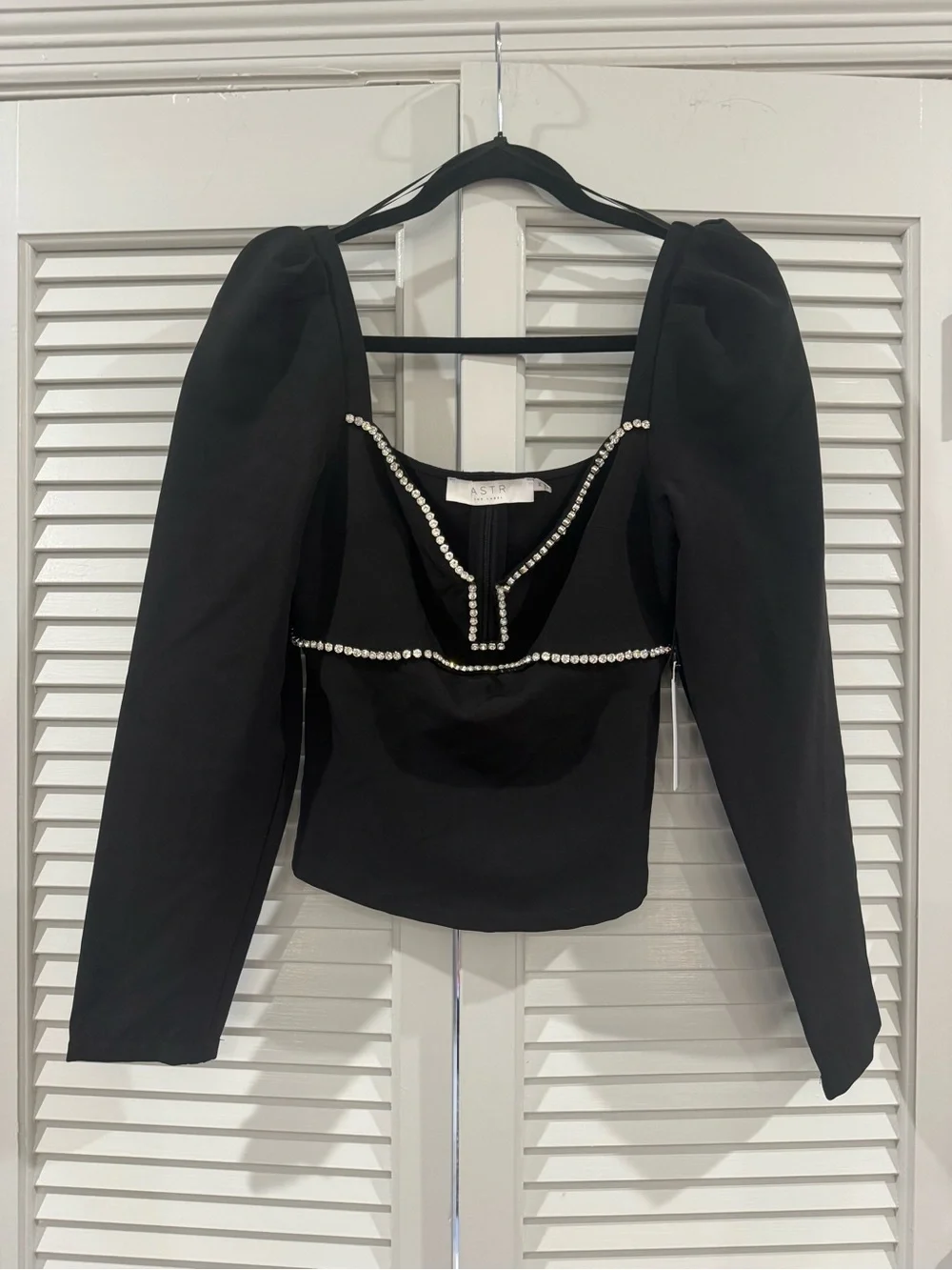 ASTR Black Puff-Sleeve Crystal-Trim Long Sleeve Top